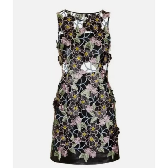 Topshop Dresses & Skirts - Topshop Black Multi PU Leather‎ Lace Floral Appliqué Shift Dress 6 Embroidered
